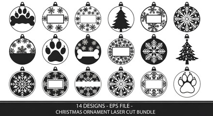Collection of 14 christmas ornament designs for laser cutting, featuring snowflakes, paw prints, bones, and trees