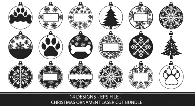 Collection of 14 christmas ornament designs for laser cutting, featuring snowflakes, paw prints, bones, and trees