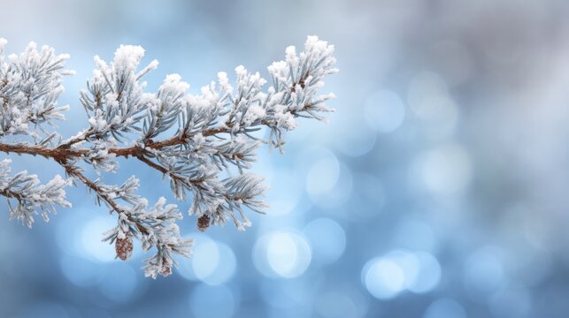 Frost-covered pine branch with snow crystals against bokeh background. Winter nature close-up - Powered by Adobe