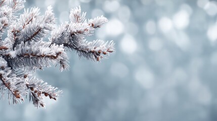 Frosty pine twigs with ice crystals on blurred cold background. Natural winter texture symbolizing snow and freezing weather