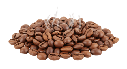 Pile of roasted coffee beans, steam rising from the top brown, isolated on white or transparent background, AI