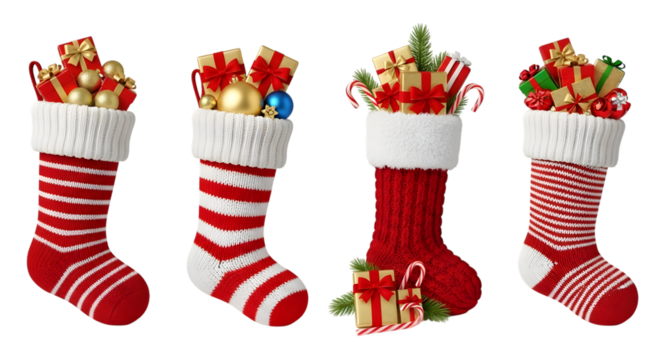 Four festive christmas stockings filled with gifts, ornaments, and greenery, isolated on a transparent background