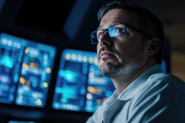 Attentive IT professional monitoring data streams in a dark control room, focused on cybersecurity and system analysis, ensuring network safety
