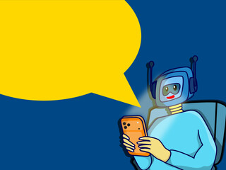 Cartoon robot using a smartphone with a large yellow speech bubble on a blue background, ideal for tech content, AI communication themes, chat apps, and digital illustrations.