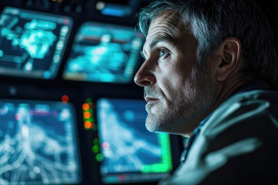 Focused cybersecurity expert monitoring data on multiple screens, protecting digital assets, ensuring network safety with advanced technology systems