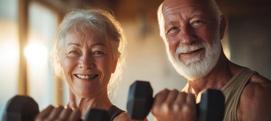 Happy Elderly Couple Exercising with Dumbbells in Warm Light