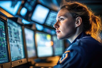 Focused woman monitors complex data on multiple screens, ensuring smooth operations in mission control, perfect for tech or security concepts