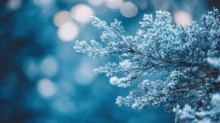 Frozen cypress branches covered with frost and snow. Cool blue tones create peaceful and natural winter scenery