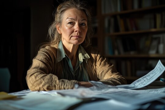 Focused mature woman reviewing blueprints in warm, inviting home office, architect working on design plans, thoughtful expression, home improvement project
