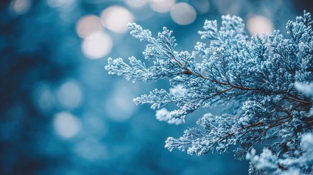Frozen cypress branches covered with frost and snow. Cool blue tones create peaceful and natural winter scenery