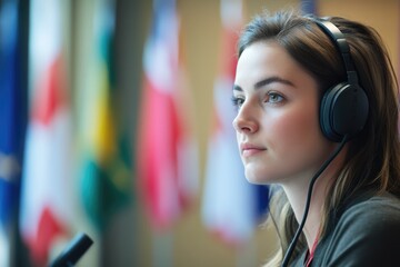 Confident interpreter wearing headphones at international conference with blurred flags, offering professional translation services for diverse audiences