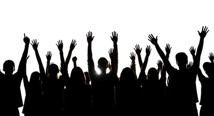 Crowd, with hands raised in celebration or worship against a dark background, cutout, PNG isolated on white or transparent background
