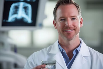 Handsome doctor smiling confidently in modern clinic, ready to provide expert medical advice and compassionate care for your healthcare needs