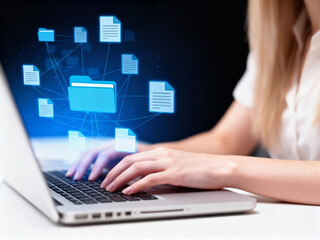 Side view of man hands typing in laptop, glowing AI document management system, artificial intelligence brain hologram. Files or documents icons. Concept of online database and technology