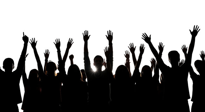 Crowd, with hands raised in celebration or worship against a dark background, cutout, PNG isolated on white or transparent background