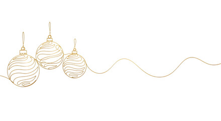 Elegant gold line art of three christmas baubles hanging on a delicate string