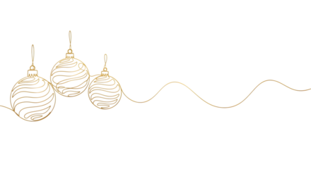 Elegant gold line art of three christmas baubles hanging on a delicate string