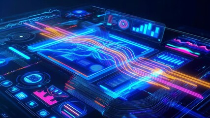 Advanced digital dashboard featuring glowing neon lines, interactive charts, and vibrant data visualization elements. Perfect for technology, innovation, and analytics concepts. - Powered by Adobe