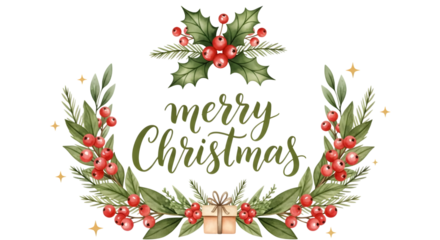 Beautiful watercolor wreath with holly berries and green leaves, forming a merry christmas greeting