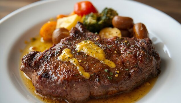 Culinary Still Life. Textured Meat with Abstract Sauce, Accompanied by Various Vegetables. - Powered by Adobe