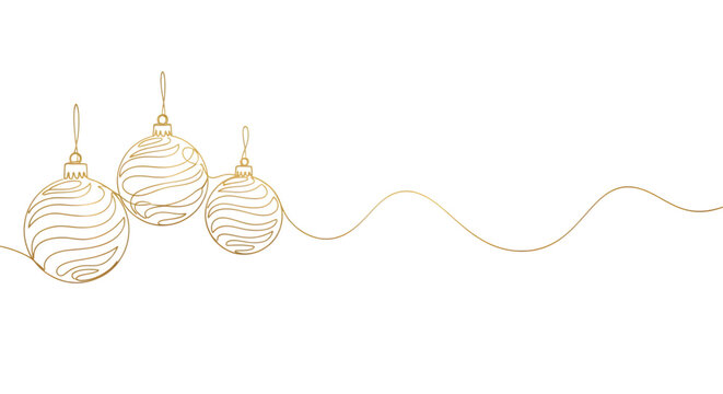 Elegant gold line art of three christmas baubles hanging on a delicate string