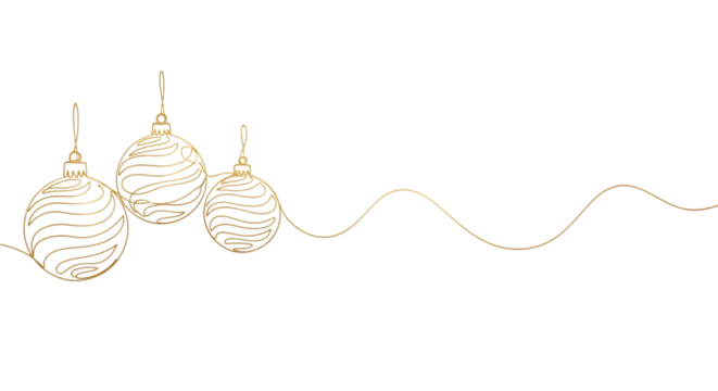 Elegant gold line art of three christmas baubles hanging on a delicate string