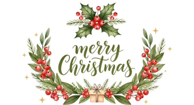 Beautiful watercolor wreath with holly berries and green leaves, forming a merry christmas greeting