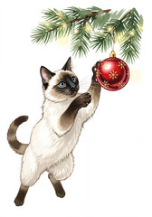 Siamese cat playing with Christmas ornament on pine branch illustration for holiday decor
