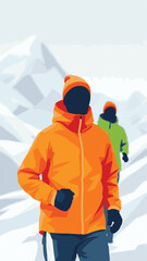 People jogging in winter landscape illustration with snow and mountains