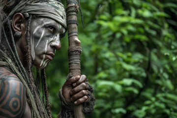 A South American jungle warlock covered in tribal paint, standing in a lush green clearing, holding a staff carved from sacred wood
