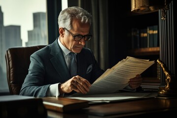 Distinguished businessman reviewing financial documents in his elegant office with a city view, conveying trust, success, and leadership with style