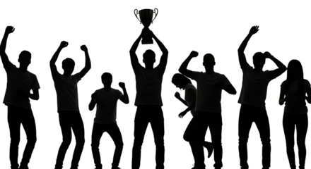 Group of people, celebrating victory holding a trophy with arms raised in triumph, cutout, PNG isolated on white or transparent background