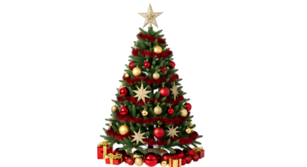 A beautifully decorated christmas tree with ornaments, tinsel, and presents at its base