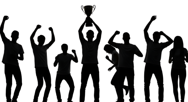 Group of people, celebrating victory holding a trophy with arms raised in triumph, cutout, PNG isolated on white or transparent background