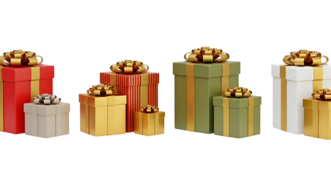 A collection of colorful gift boxes with ribbons and bows