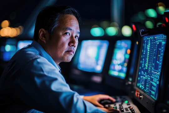 Focused engineer monitors complex data streams in a secure, high-tech control center ensuring seamless operations and critical system performance day and night