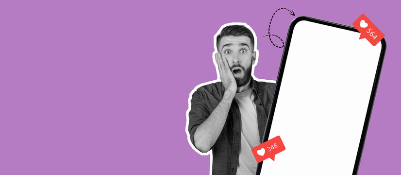 A man with a shocked expression looks at a smartphone displaying social media notifications. The colorful background adds to the lively scene, emphasizing the excitement of online engagement.