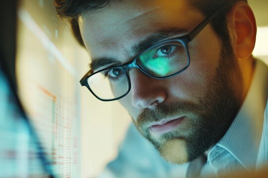 Serious businessman analyzing data with focused gaze in modern office, financial insights reflected in glasses for strategic planning and growth