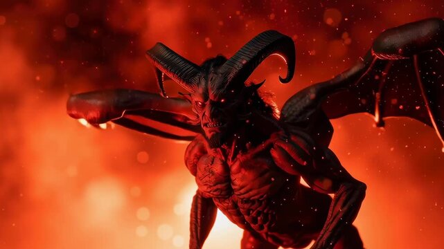A demonic looking figure with red eyes and horns. The image has a dark and ominous mood. The figure is surrounded by fire, which adds to the sense of danger and evil