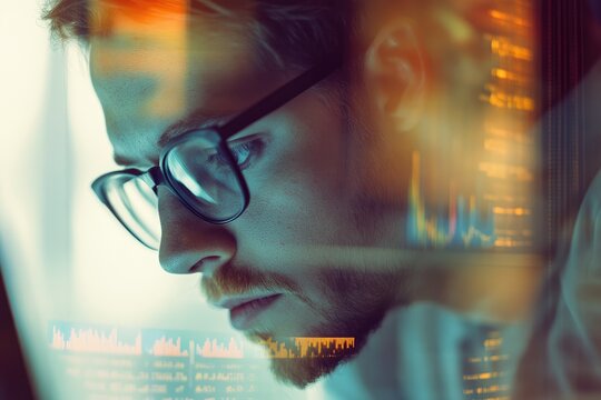 Dedicated analyst reviewing financial data with focused concentration, seeking market insights and future trends in a modern, tech-driven environment