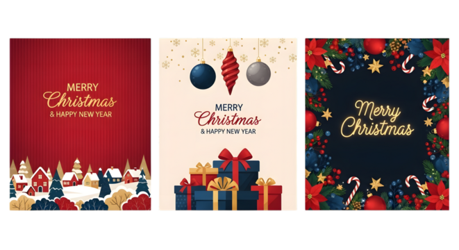 Collection of three merry christmas and happy new year greeting cards with festive winter village, gift boxes, and floral wreath designs