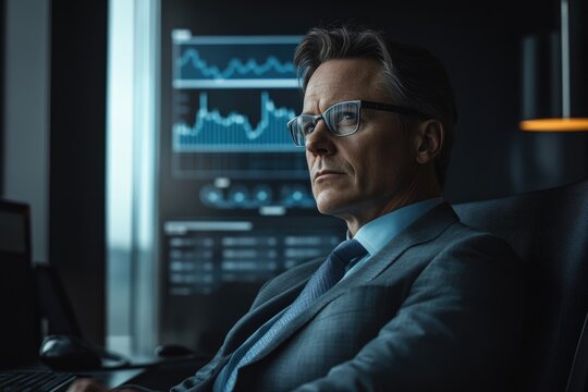 Professional businessman analyzing stock market data on screen in modern office, finance expert, investment strategy, business intelligence, and analytics