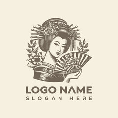 Elegant Geisha with Fan Logo Vector Illustration
