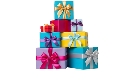 A tall stack of vibrant, colorful gift boxes with satin ribbons and bows