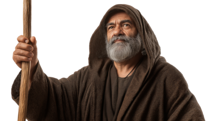 Full-body portrait of an elderly Cretan shepherd holding a wooden staff on transparent background, biblical-style man symbolizing faith, humility, and divine wisdom for Christian design