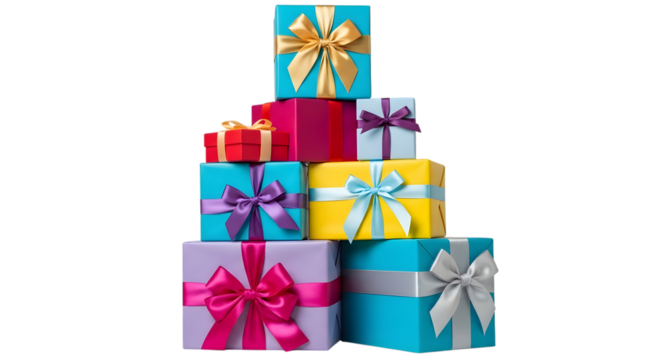 A tall stack of vibrant, colorful gift boxes with satin ribbons and bows