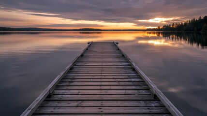 A wooden pier stretches into calm water reflecting a vibrant sunset under a cloudy sky horizon