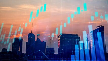 Double exposure of a city skyline at sunset combined with a financial chart. Represents economic growth, business development, stock market trends, and urban finance concepts. - Powered by Adobe