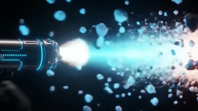 Futuristic Weapon Firing Energy Blasts in Space with Debris Field Animation Clip
