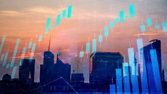 Double exposure of a city skyline at sunset combined with a financial chart. Represents economic growth, business development, stock market trends, and urban finance concepts.